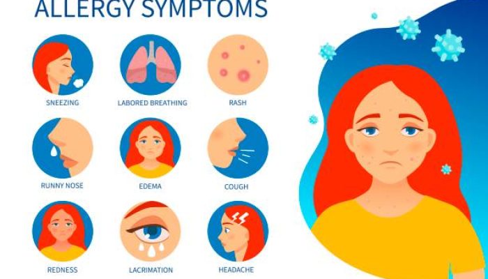 Vector poster allergy symptoms. Illustration of cartoon girl with allergy. Vector poster allergy symptoms. Illustration of cartoon girl with allergy.